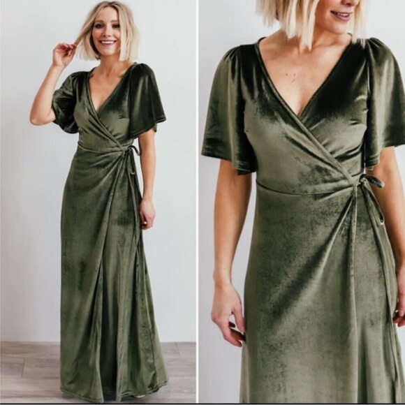 NWT Baltic Born Meghan Velvet Wrap Maxi Dress Olive Size XS - Picture 1 of 5